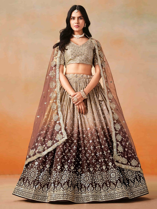 Brown Georgette Sequins Lehenga Choli With Dupatta