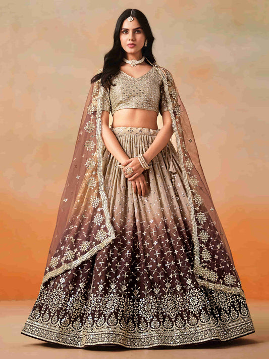 Brown Georgette Sequins Lehenga Choli With Dupatta