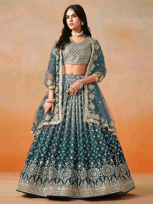 Dove Blue Zari Embroidered Shaded Lehenga Choli