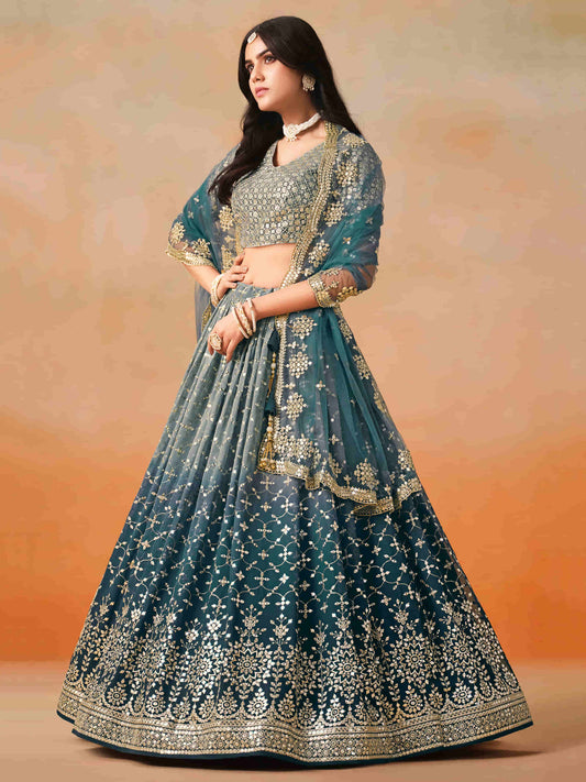 Dove Blue Zari Embroidered Shaded Lehenga Choli