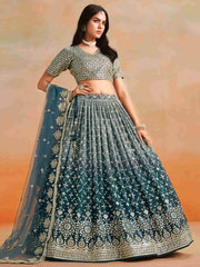 Dove Blue Zari Embroidered Shaded Lehenga Choli