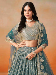 Dove Blue Zari Embroidered Shaded Lehenga Choli