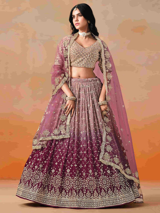 Maroon Embroidered Georgette Bridesmaids Lehenga Choli