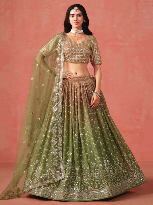 Mehendi Georgette Sequins Work Lehenga Choli With Dupatta