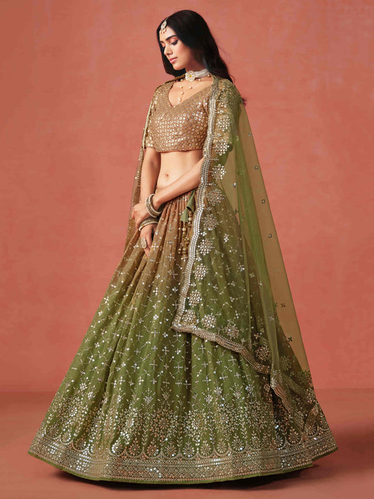 Mehendi Georgette Sequins Work Lehenga Choli With Dupatta