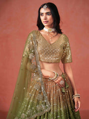 Mehendi Georgette Sequins Work Lehenga Choli With Dupatta