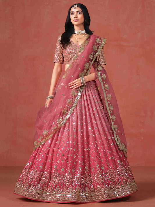 Peach Georgette Embroidered Zari Lehenga Choli With Dupatta