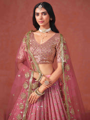 Peach Georgette Embroidered Zari Lehenga Choli With Dupatta