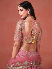 Peach Georgette Embroidered Zari Lehenga Choli With Dupatta