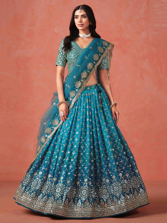Teal Blue Sequins Work Georgette Lehenga Choli
