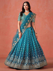 Teal Blue Sequins Work Georgette Lehenga Choli