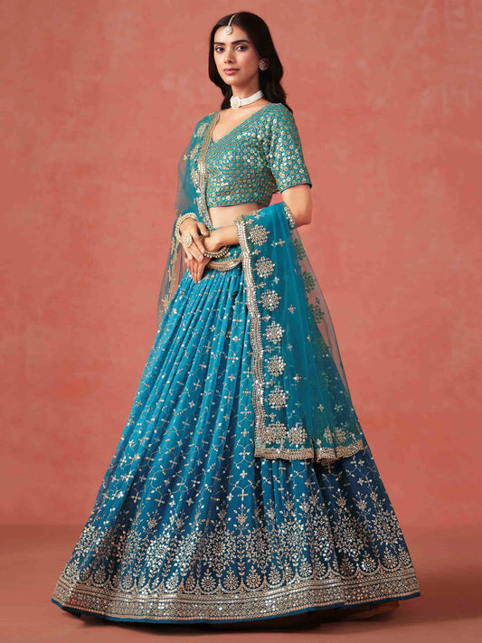 Teal Blue Sequins Work Georgette Lehenga Choli