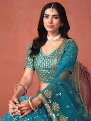 Teal Blue Sequins Work Georgette Lehenga Choli