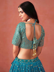 Teal Blue Sequins Work Georgette Lehenga Choli