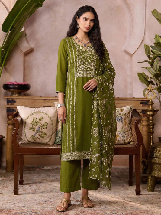 Olive �lan Organza Kurta Set