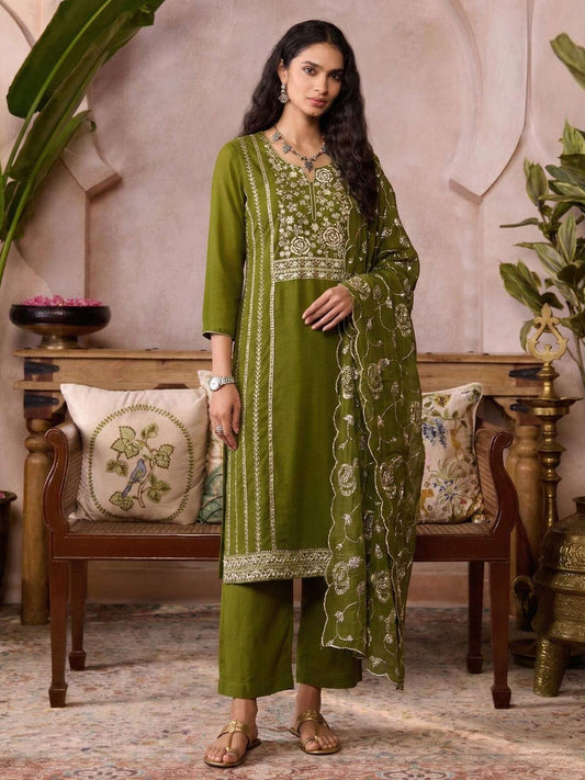 Olive ‹¨«lan Organza Kurta Set