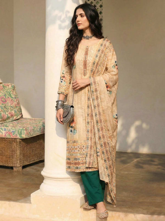 Cream Cotton Printed Embroidered Sequins Straight Pant