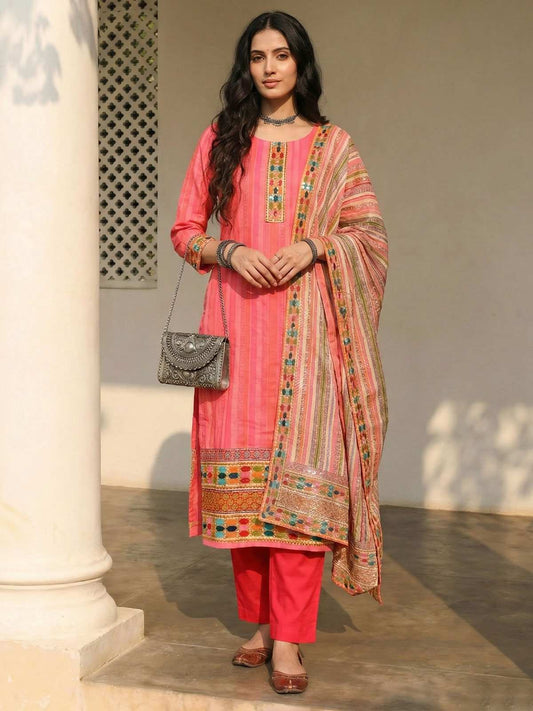 Pink Cotton Printed Embroidered Sequins Straight Pant