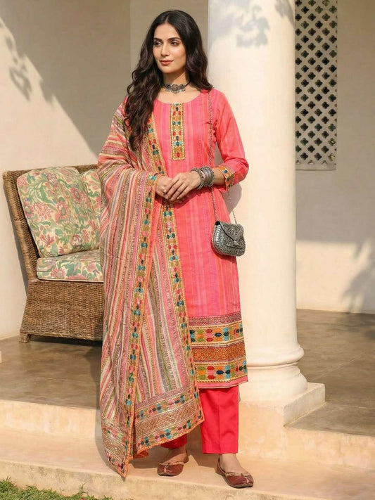 Pink Cotton Printed Embroidered Sequins Straight Pant