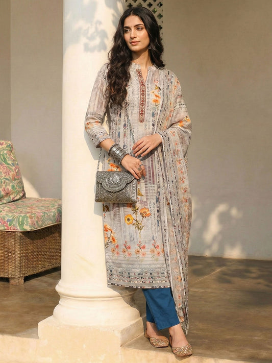 Grey Cotton Printed Embroidered Sequins Straight Pant