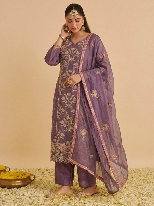 Zariya Lilac Shimmer Silk Suit Set