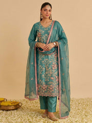 Teal Pure Shimmer SIlk Embroidered Salwar Kurta Dress