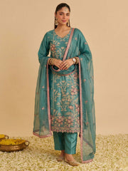 Zariya Teal Shimmer Silk Suit Set