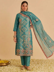 Teal Pure Shimmer SIlk Embroidered Salwar Kurta Dress
