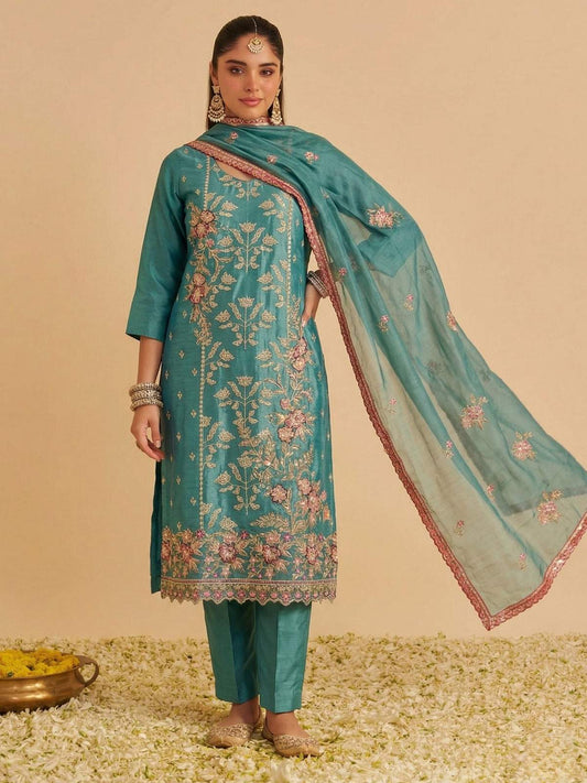 Zariya Teal Shimmer Silk Suit Set