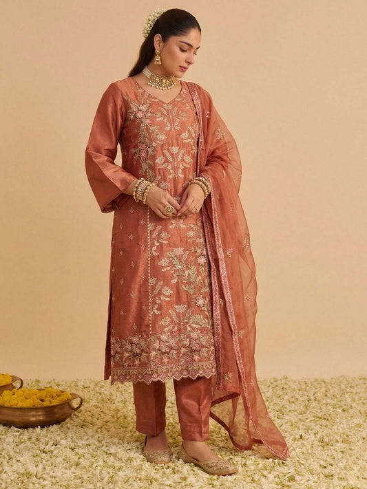 Zariya Rust Shimmer Silk Suit Set