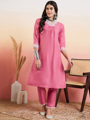 Pink Embroidered Thread Work Kurta with Trousers