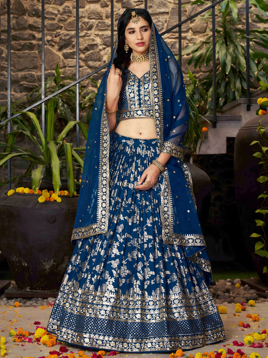 Sweet Dove Blue Zari Embroidered Designer Lehenga Choli