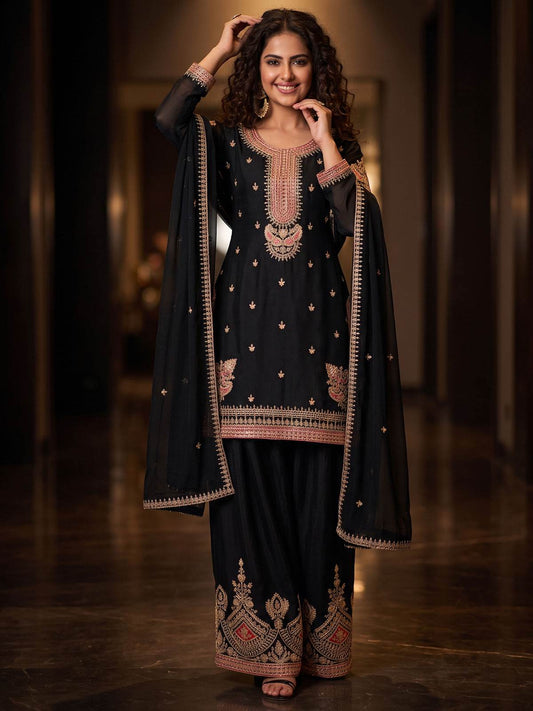 Black Chinnon Silk Festive Style Palazzo Suit