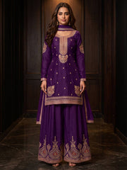 Purple Chinnon Silk Festive Style Palazzo Suit