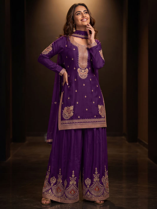 Purple Chinnon Silk Festive Style Palazzo Suit