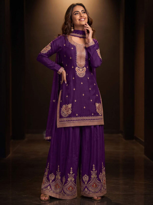 Purple Chinnon Silk Festive Style Palazzo Suit
