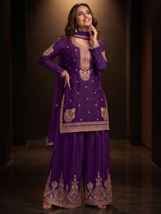 Purple Chinnon Silk Festive Style Palazzo Suit