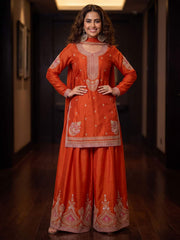 Orange Chinnon Silk Festive Style Palazzo Suit