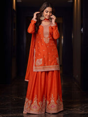 Orange Chinnon Silk Festive Style Palazzo Suit