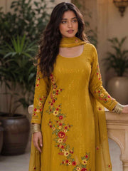 Mustard Georgette Salwar Suit with Embroidered, Sequins and Thread Work