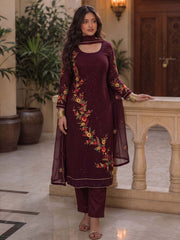 Embroidered, Sequins and Thread Work Georgette Pant Style Suit In Wine Colour