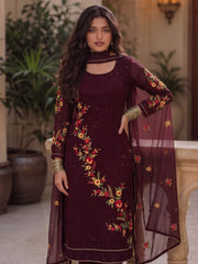 Embroidered, Sequins and Thread Work Georgette Pant Style Suit In Wine Colour