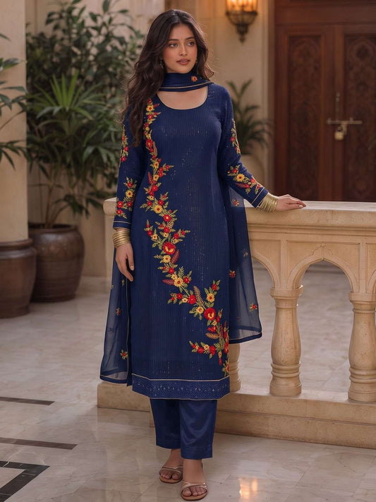 Blue Georgette Embroidered, Sequins and Thread Work Salwar Suit for Ceremonial