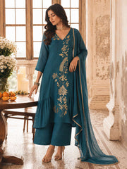 Precious Teal Chanderi Readymade Salwar Suit with Embroidered Work
