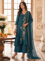 Precious Teal Chanderi Readymade Salwar Suit with Embroidered Work