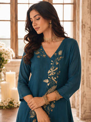 Precious Teal Chanderi Readymade Salwar Suit with Embroidered Work