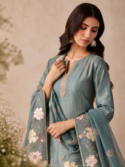 Aqua Blue Shimmer Embroidered Work Pant Style Suit