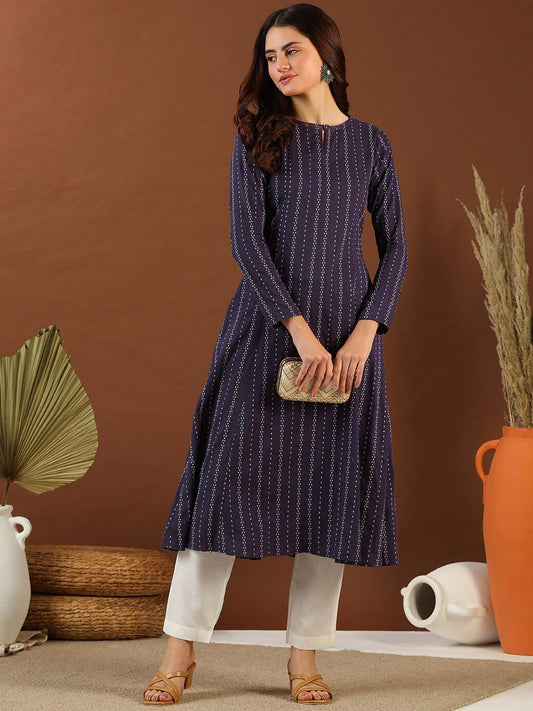 Purple Ethnic Woven Design Round Neck Panelled Cotton A-Line Kurta