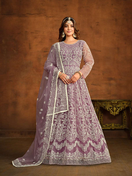Mauve Net Partywear Anarkali-Suit