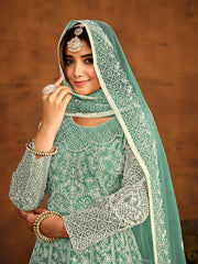 Green Net Partywear Anarkali-Suit